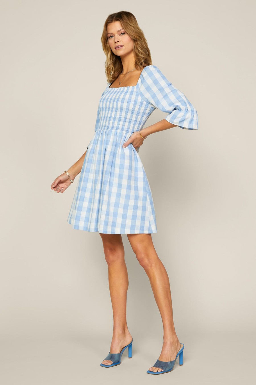 Women Skyes Are Blue Mini Dresses | Gingham Smocked Dress