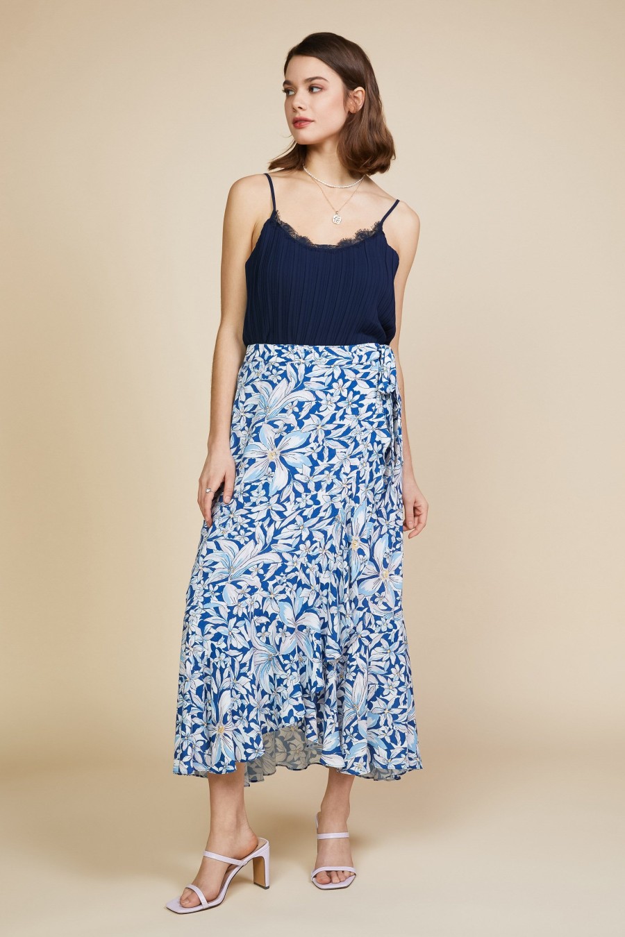 Women Skyes Are Blue Skirts | Floral Print Ruffled Wrap Skirt