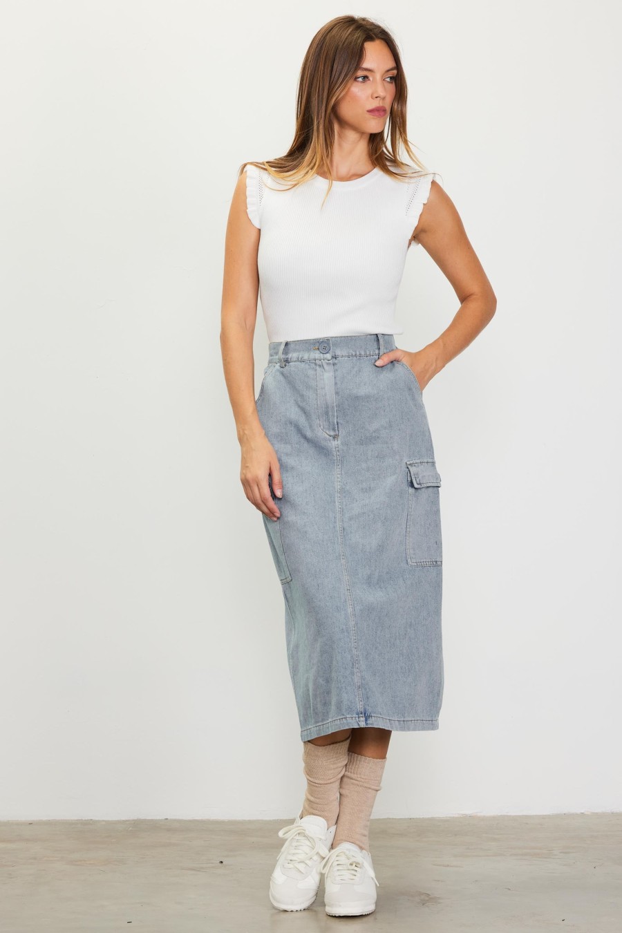 Women Skyes Are Blue Skirts | Cargo Detail Denim Midi Skirt