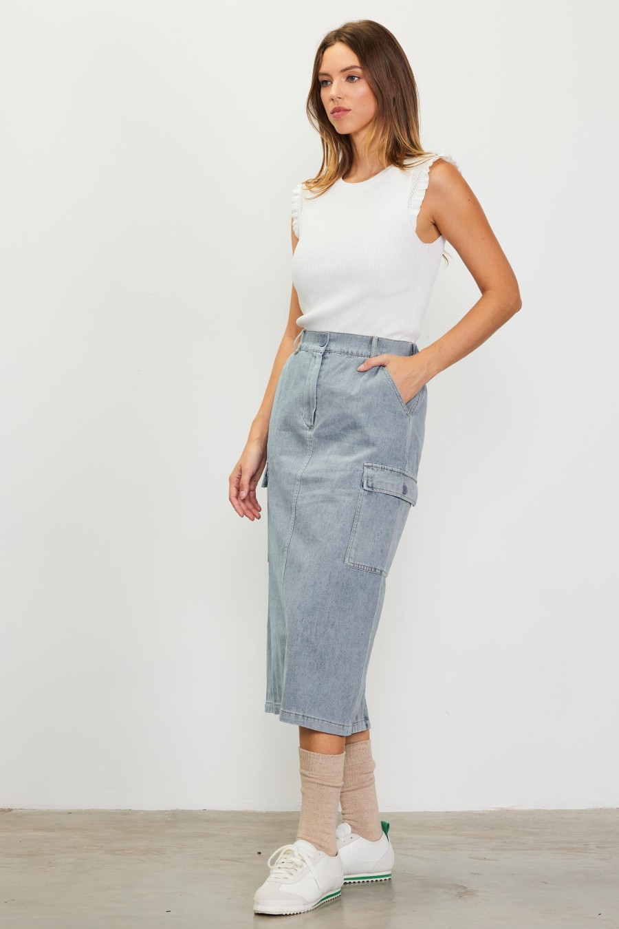 Women Skyes Are Blue Skirts | Cargo Detail Denim Midi Skirt