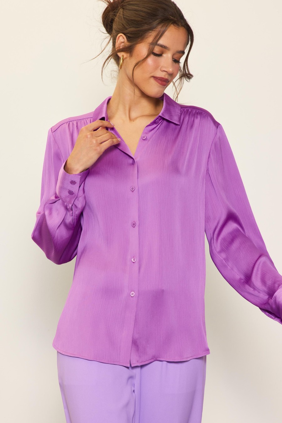 Women Skyes Are Blue Long Sleeve Tops | Recycled Crinkle Satin Buttondown