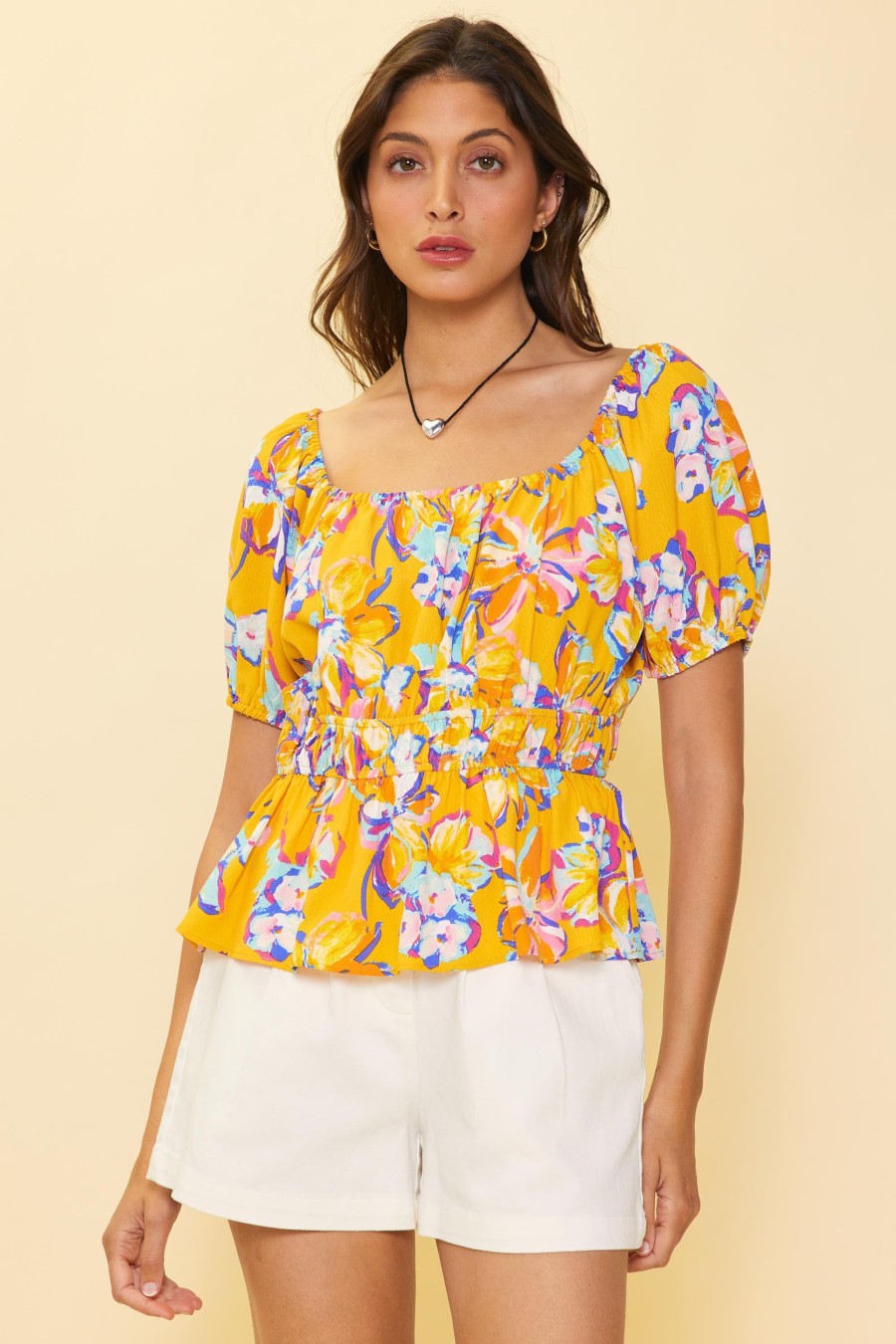 Women Skyes Are Blue Short Sleeve Tops | Floral Print Peplum Top