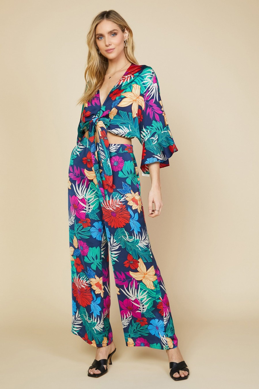 Women Skyes Are Blue Long Sleeve Tops | Tropical Front Tie Kimono