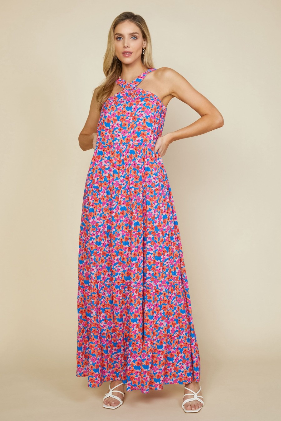 Women Skyes Are Blue Maxi Dresses | Bohemian Floral Crossed Neck Maxi Dress