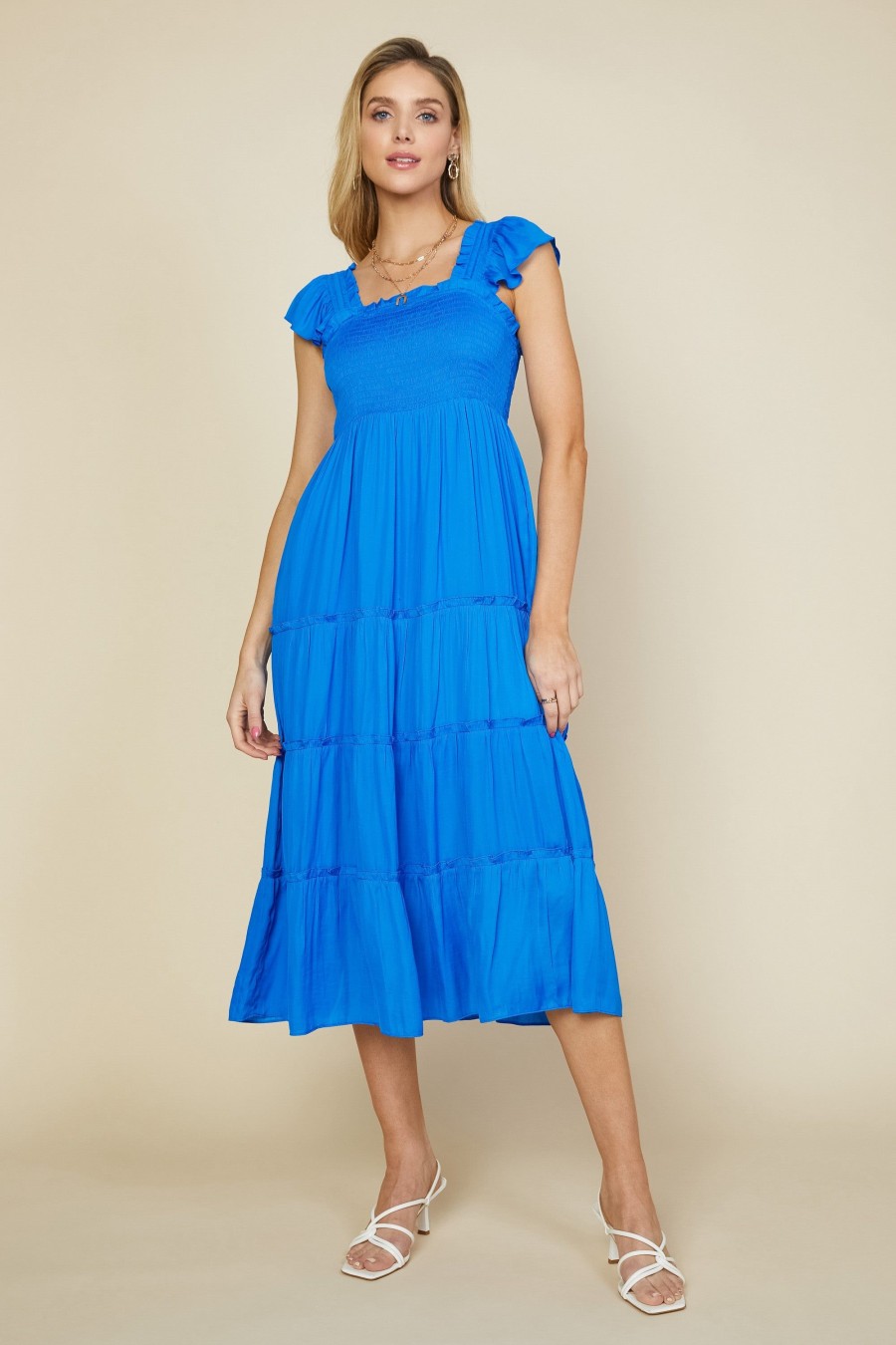 Women Skyes Are Blue Midi Dresses | Hathaway Tiered Midi Dress