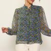 Women Skyes Are Blue Long Sleeve Tops | Daisy Print Neck Tie Blouse