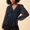 Women Skyes Are Blue Long Sleeve Tops | Metallic Mesh Blouse