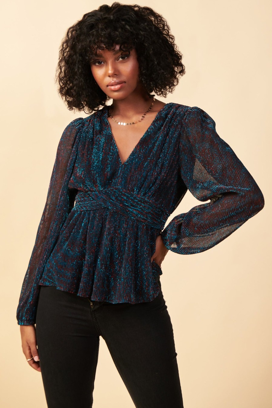 Women Skyes Are Blue Long Sleeve Tops | Metallic Mesh Blouse