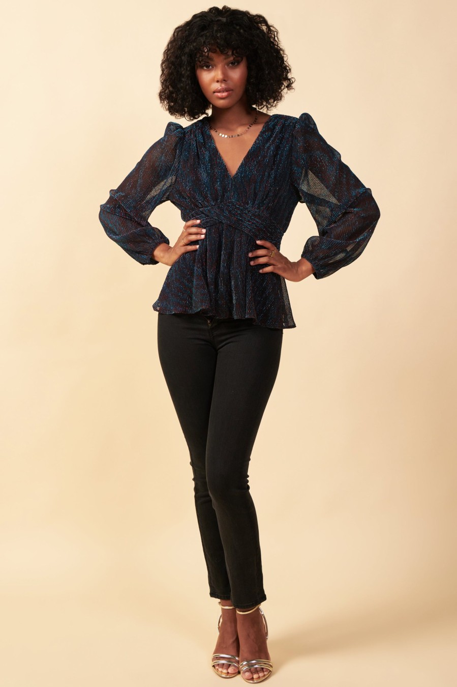 Women Skyes Are Blue Long Sleeve Tops | Metallic Mesh Blouse