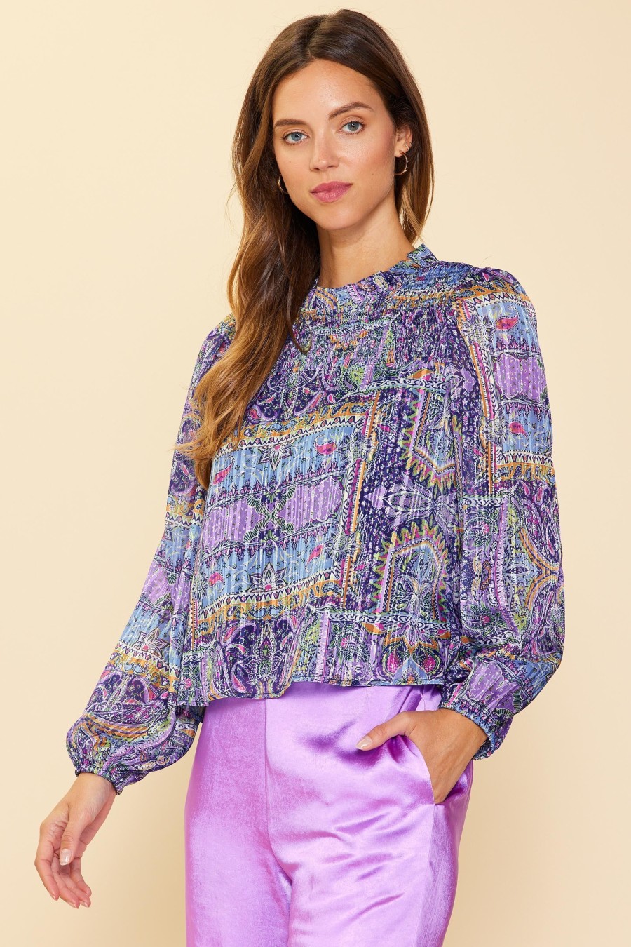 Women Skyes Are Blue Long Sleeve Tops | Paisley Motif Smocked Detail Top