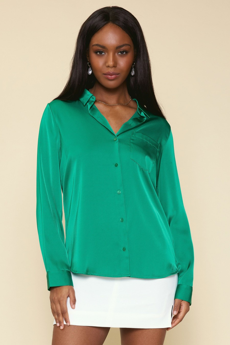 Women Skyes Are Blue Long Sleeve Tops | Satin Button Down Shirt