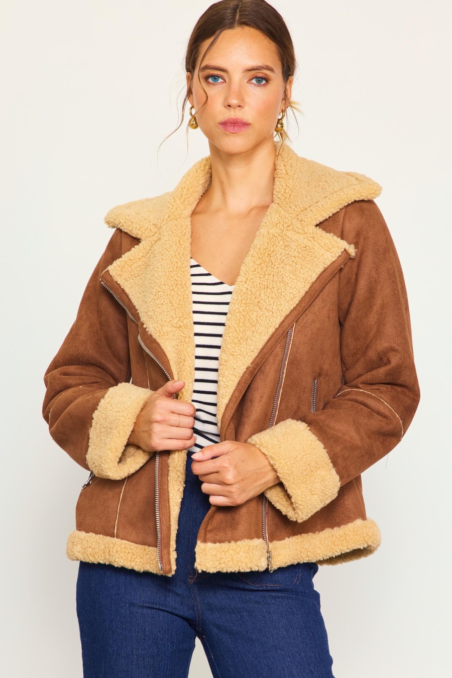 Women Skyes Are Blue Outerwear | Faux Sherpa Aviator Jacket