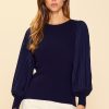 Women Skyes Are Blue Long Sleeve Tops | Mixed Media Pleated Sleeve Top