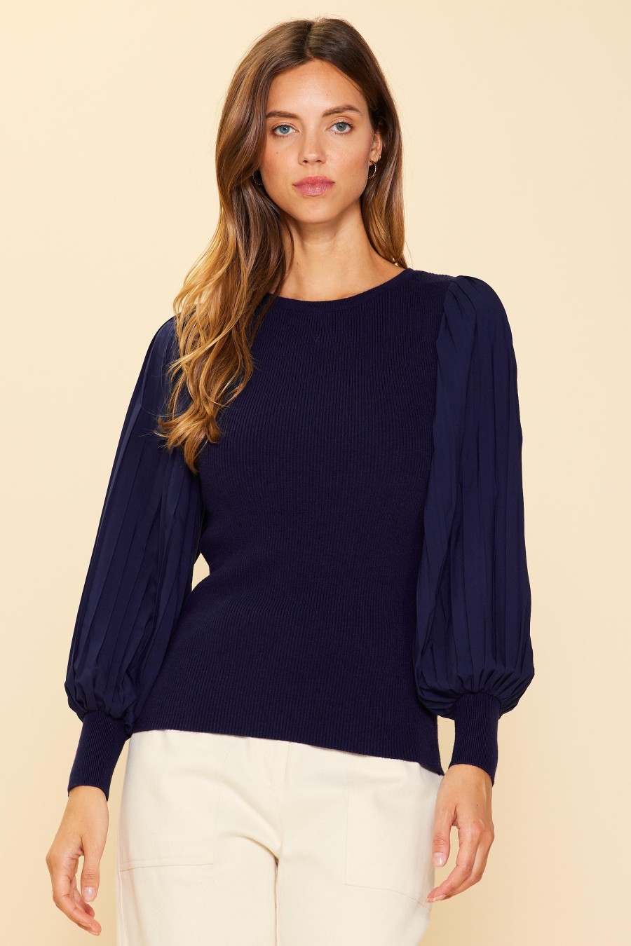 Women Skyes Are Blue Long Sleeve Tops | Mixed Media Pleated Sleeve Top