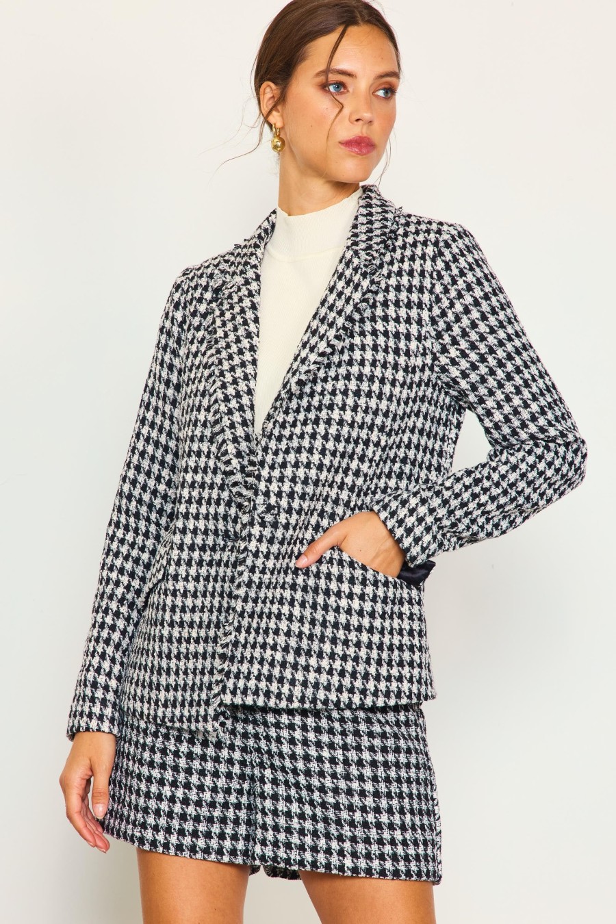 Women Skyes Are Blue Blazers | Fringed Houndstooth Blazer