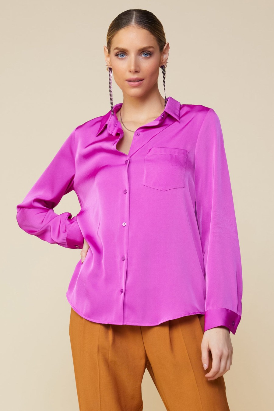 Women Skyes Are Blue Long Sleeve Tops | Satin Button Down Shirt