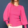 Women Skyes Are Blue Long Sleeve Tops | Mixed Media Pleated Sleeve Top