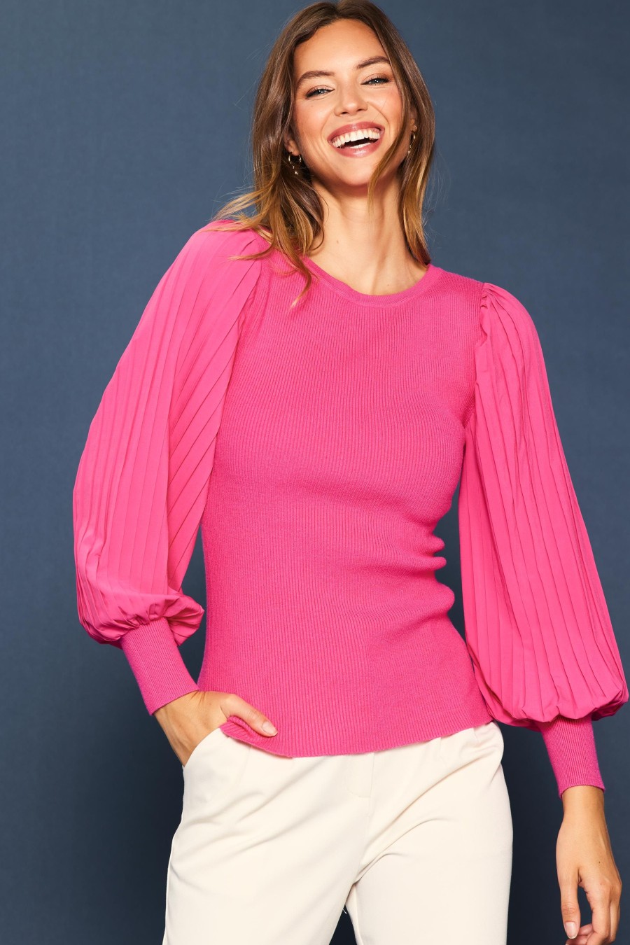 Women Skyes Are Blue Long Sleeve Tops | Mixed Media Pleated Sleeve Top