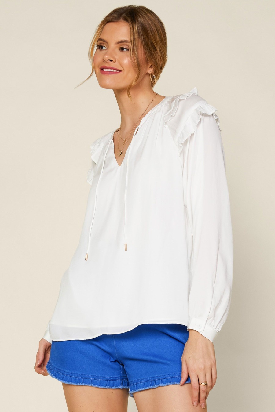 Women Skyes Are Blue Blouses | Adele Ruffled Split Neck Top