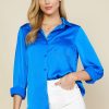 Women Skyes Are Blue Long Sleeve Tops | Satin Button Down Shirt