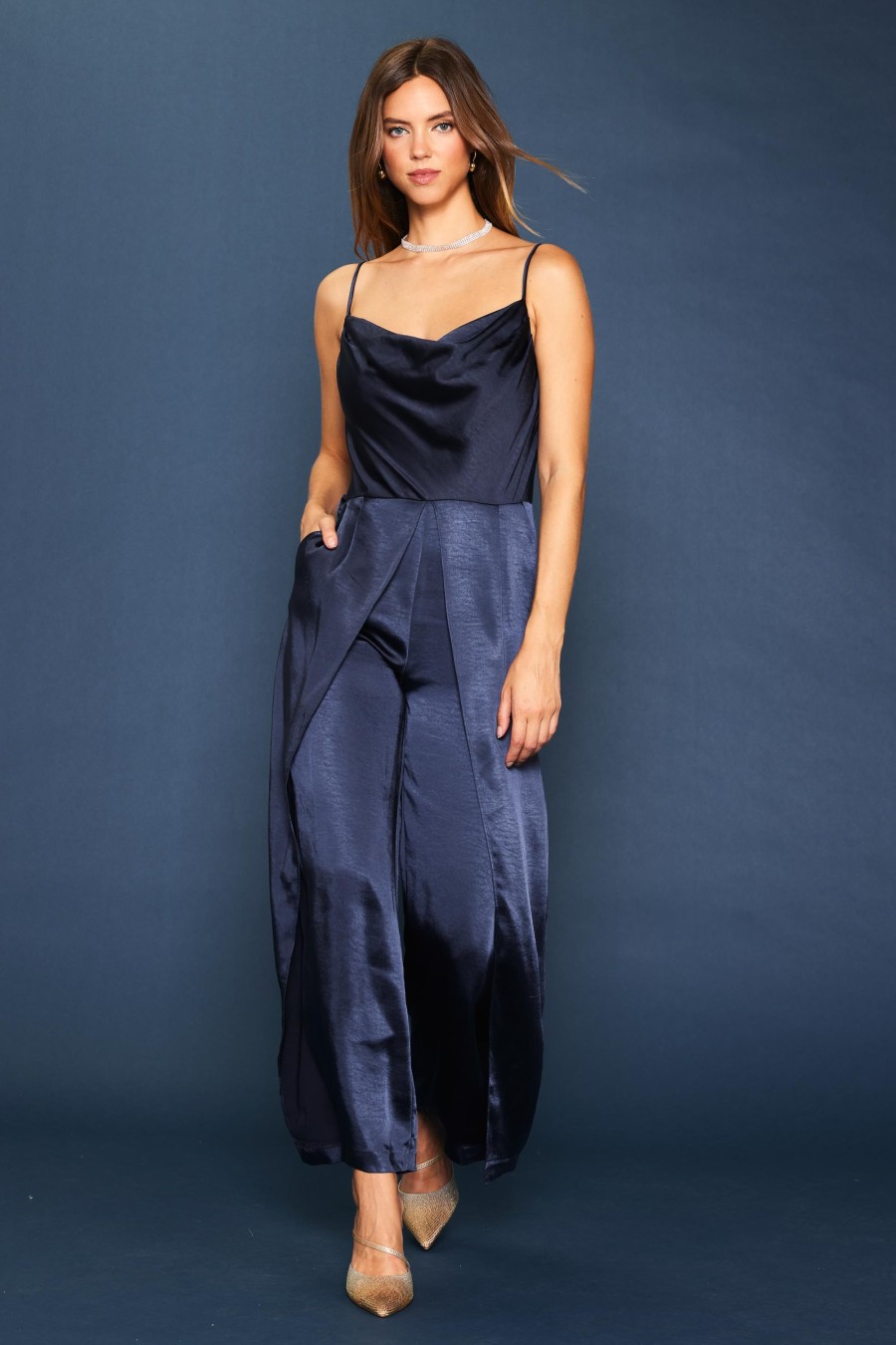 Women Skyes Are Blue Jumpsuits | Cowl Neckline Satin Jumpsuit