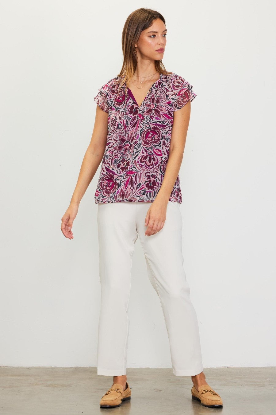 Women Skyes Are Blue Short Sleeve Tops | Anemone Print Ruffle Top