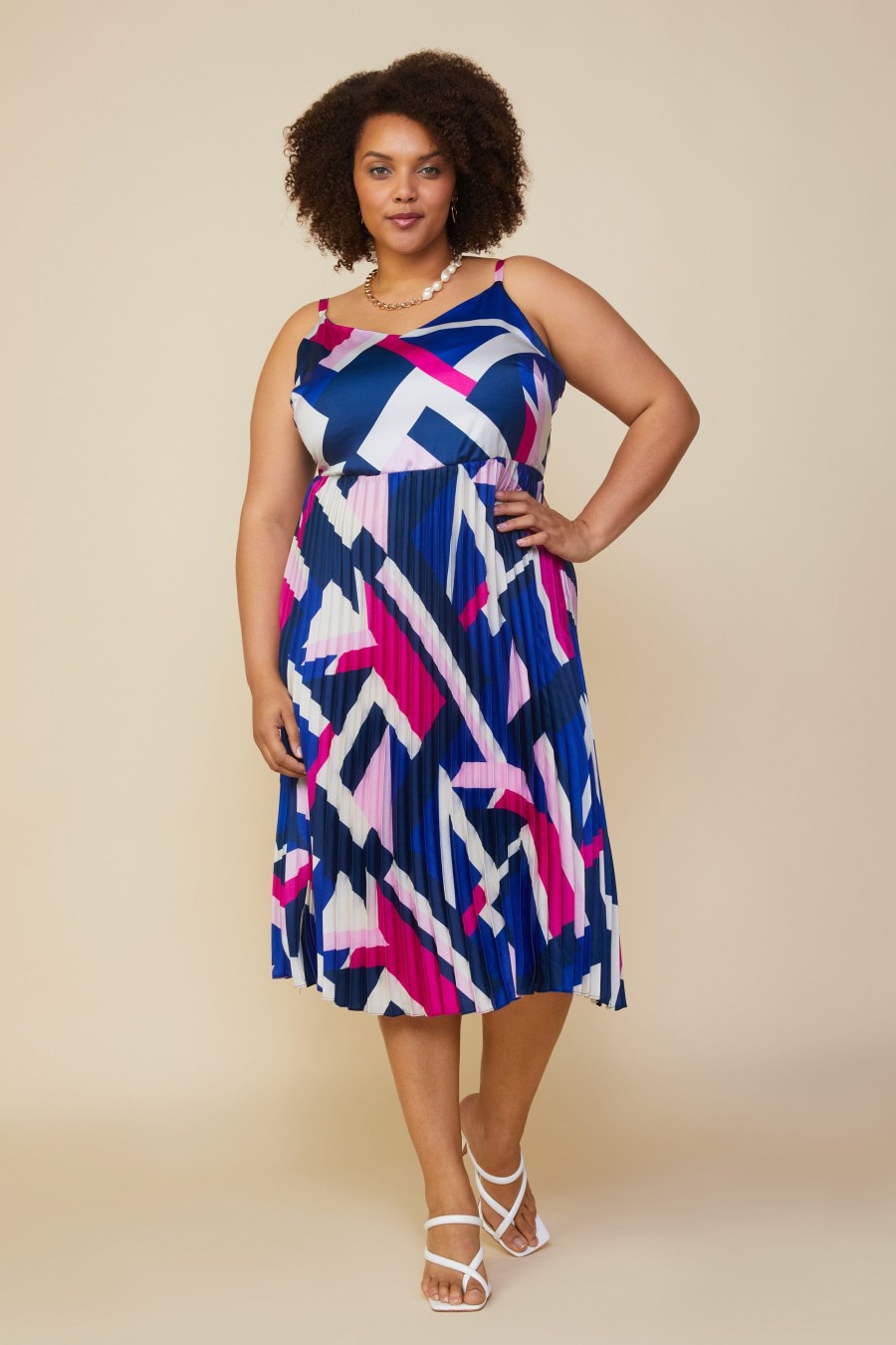 Women Skyes Are Blue Midi Dresses | Plus Size - Geo Print Pleated Midi Dress