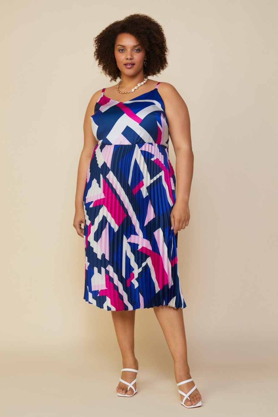 Women Skyes Are Blue Midi Dresses | Plus Size - Geo Print Pleated Midi Dress