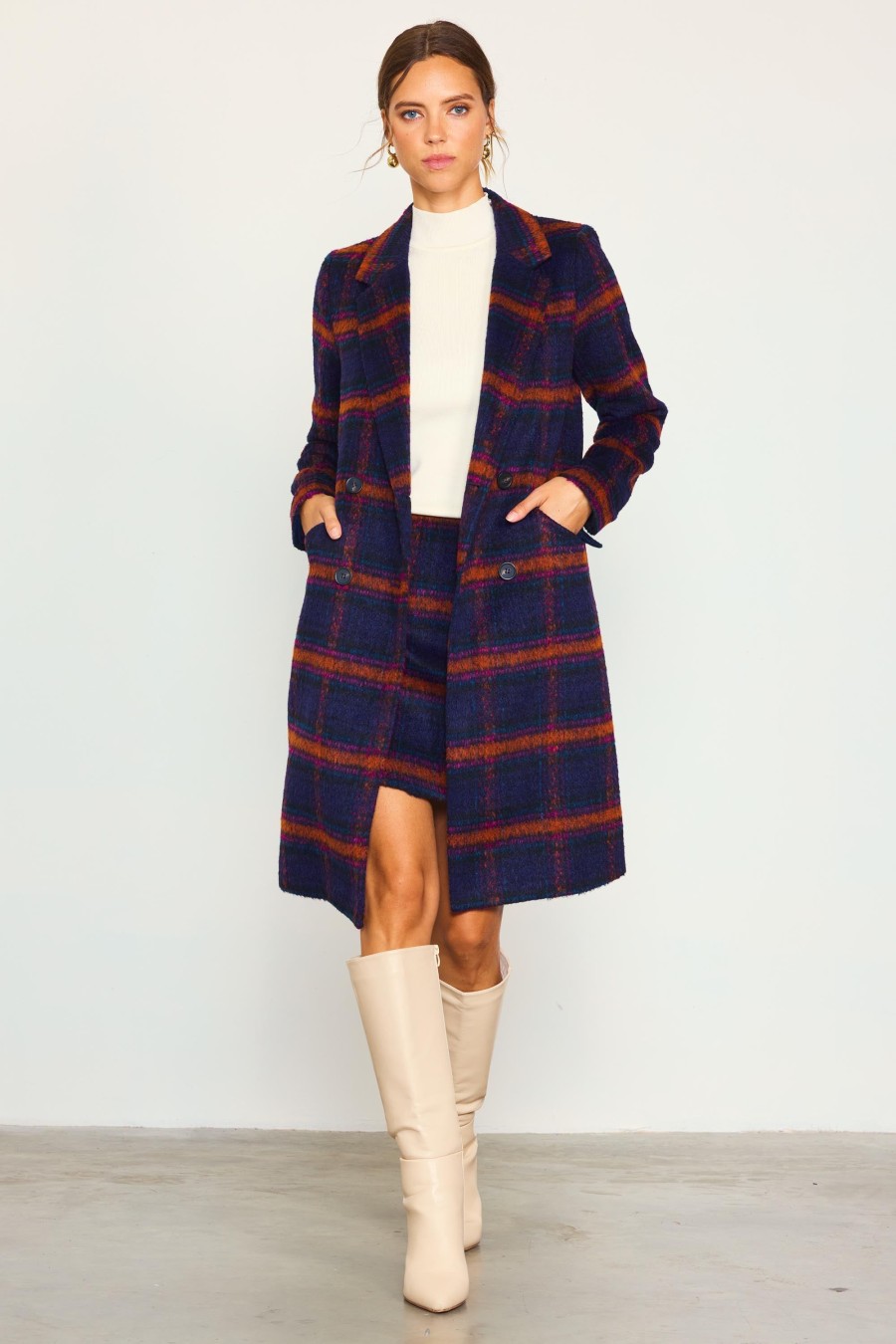 Women Skyes Are Blue Blazers | Double Breasted Plaid Coat