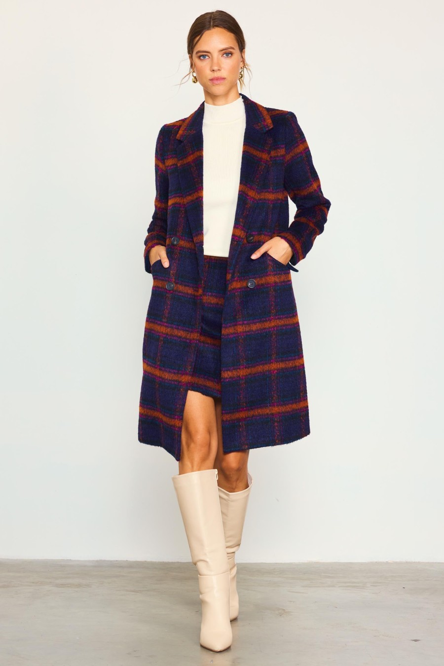 Women Skyes Are Blue Outerwear | Double Breasted Plaid Coat