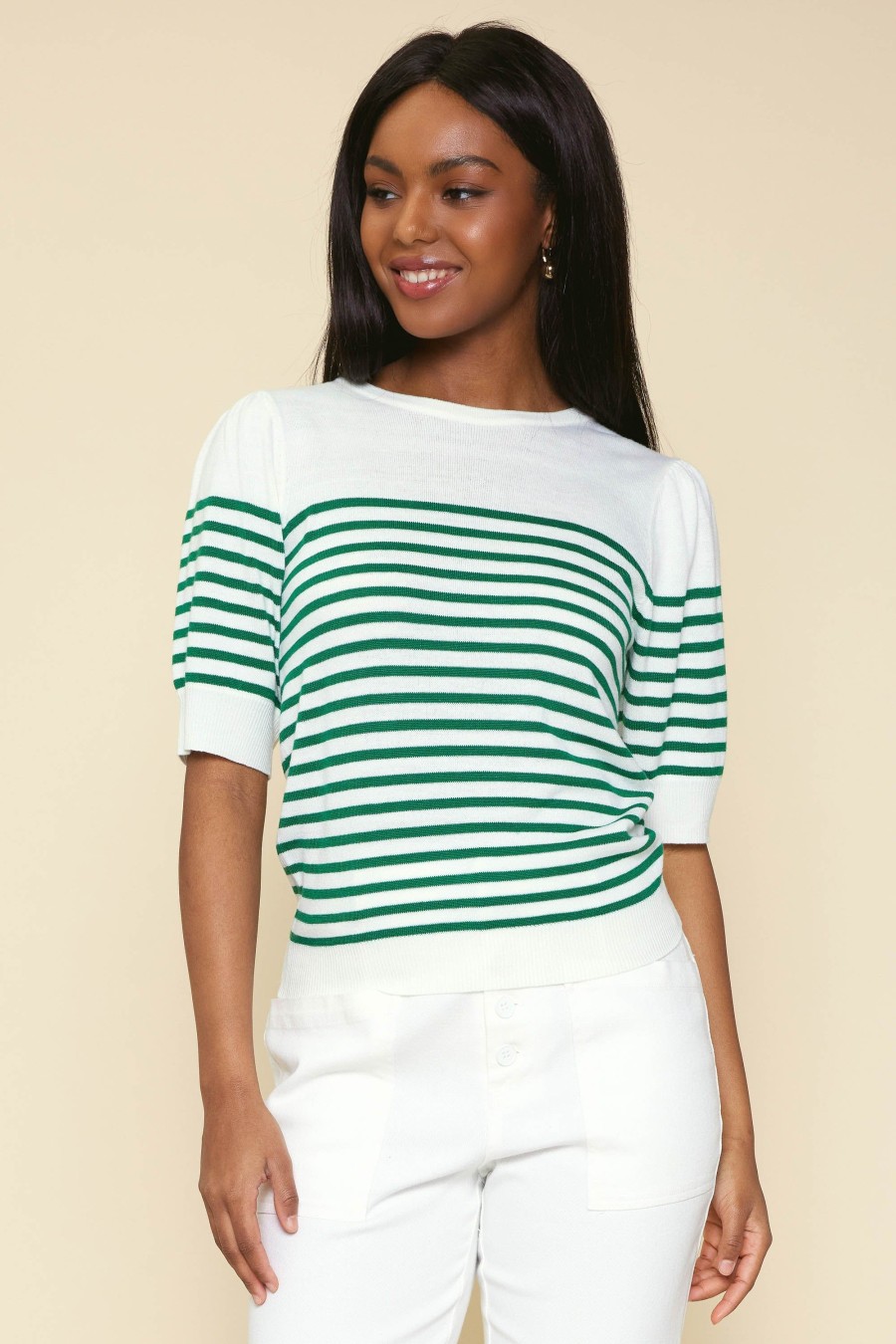 Women Skyes Are Blue Short Sleeve Tops | Knit Stripe Short Sleeve Top