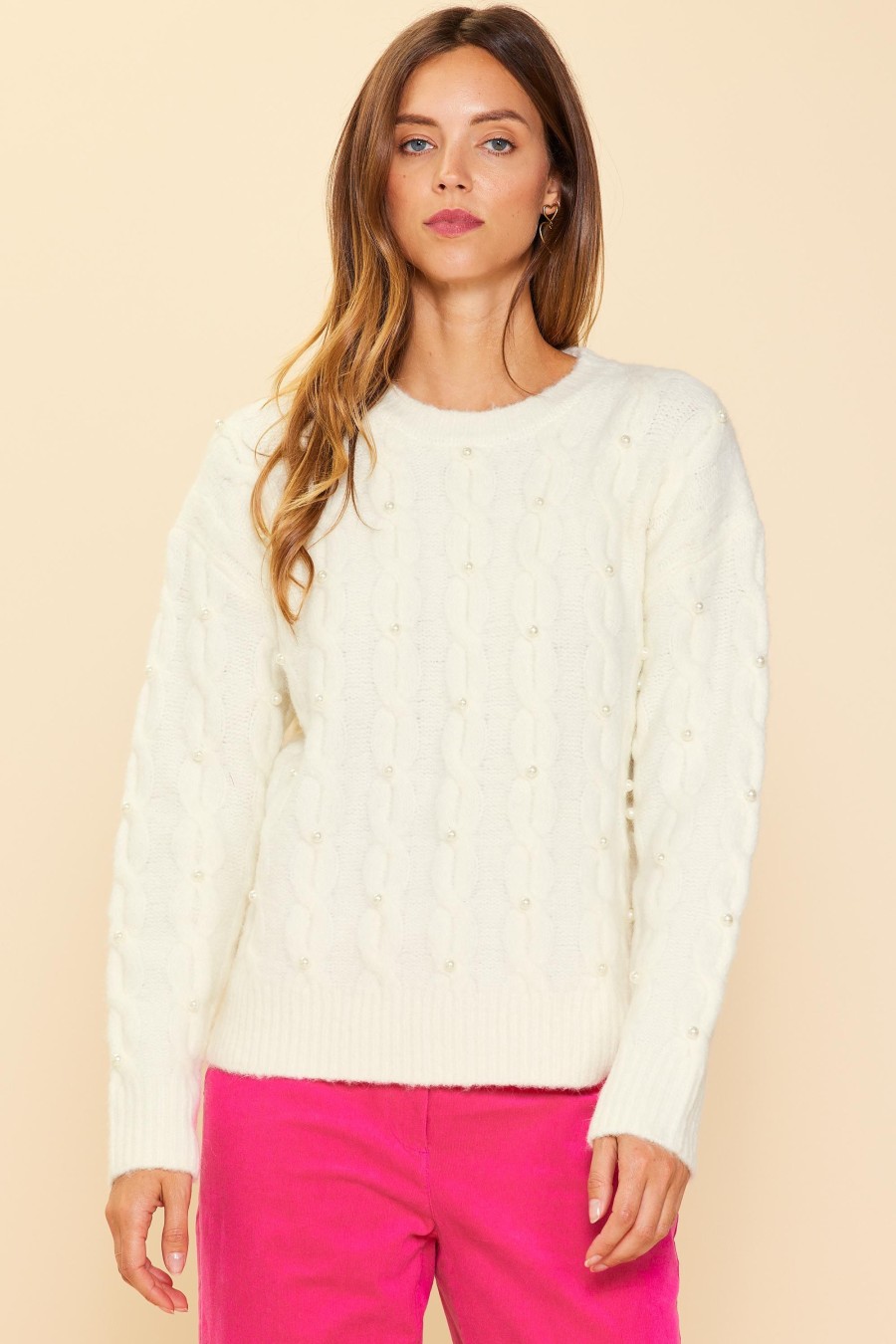 Women Skyes Are Blue Long Sleeve Tops | Pearl Detail Cable Knit Sweater