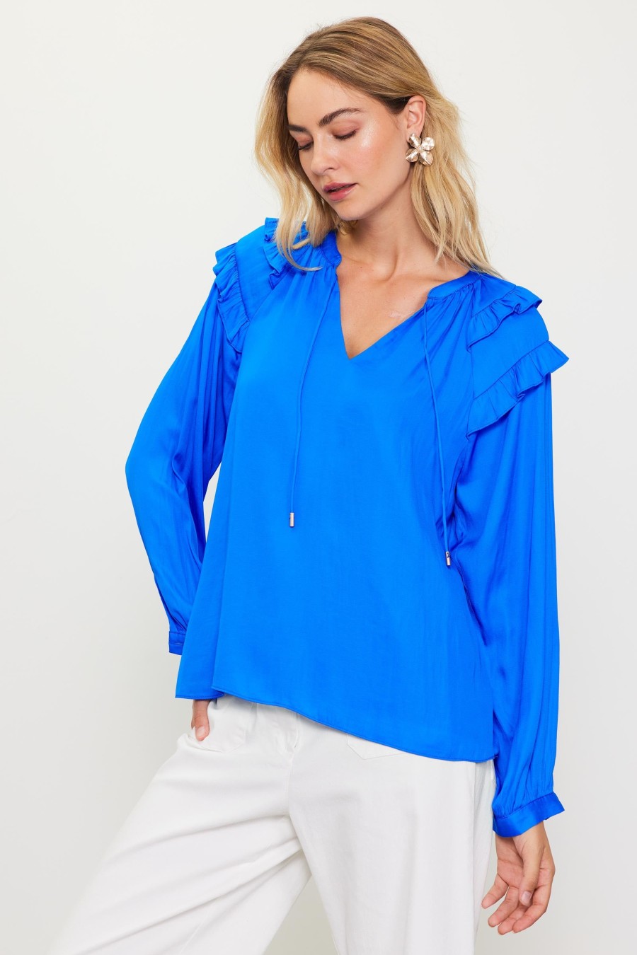 Women Skyes Are Blue Blouses | Adele Ruffled Split Neck Top