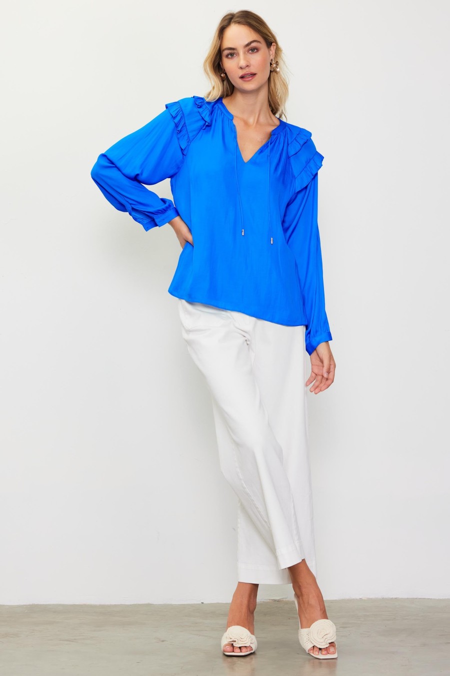 Women Skyes Are Blue Blouses | Adele Ruffled Split Neck Top