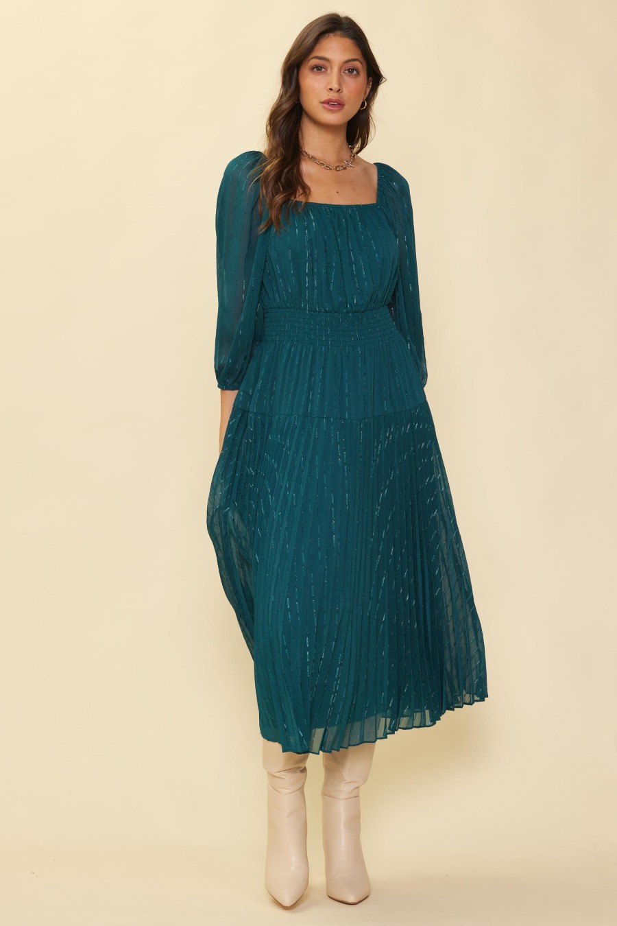 Women Skyes Are Blue Midi Dresses | Shimmery Pleated Midi Dress