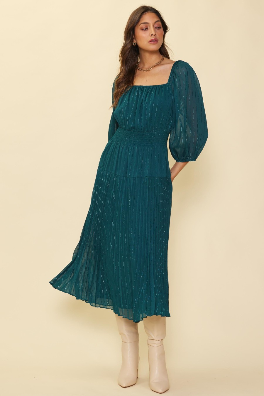 Women Skyes Are Blue Midi Dresses | Shimmery Pleated Midi Dress