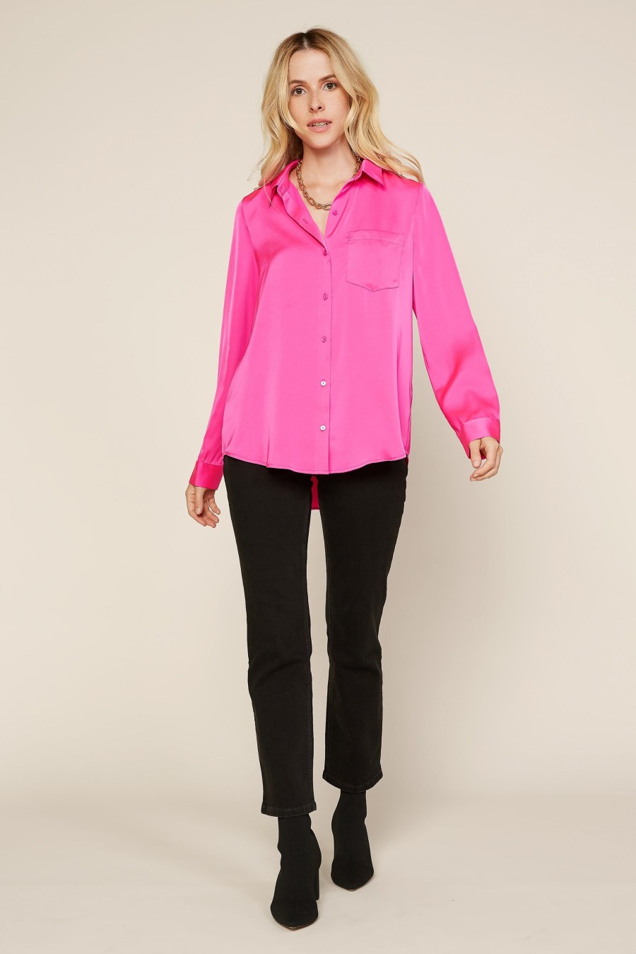 Women Skyes Are Blue Long Sleeve Tops | Satin Button Down Shirt