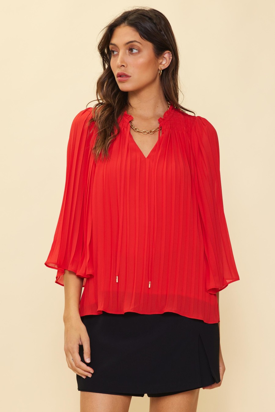 Women Skyes Are Blue Long Sleeve Tops | Pleated Ruffled Trim Top