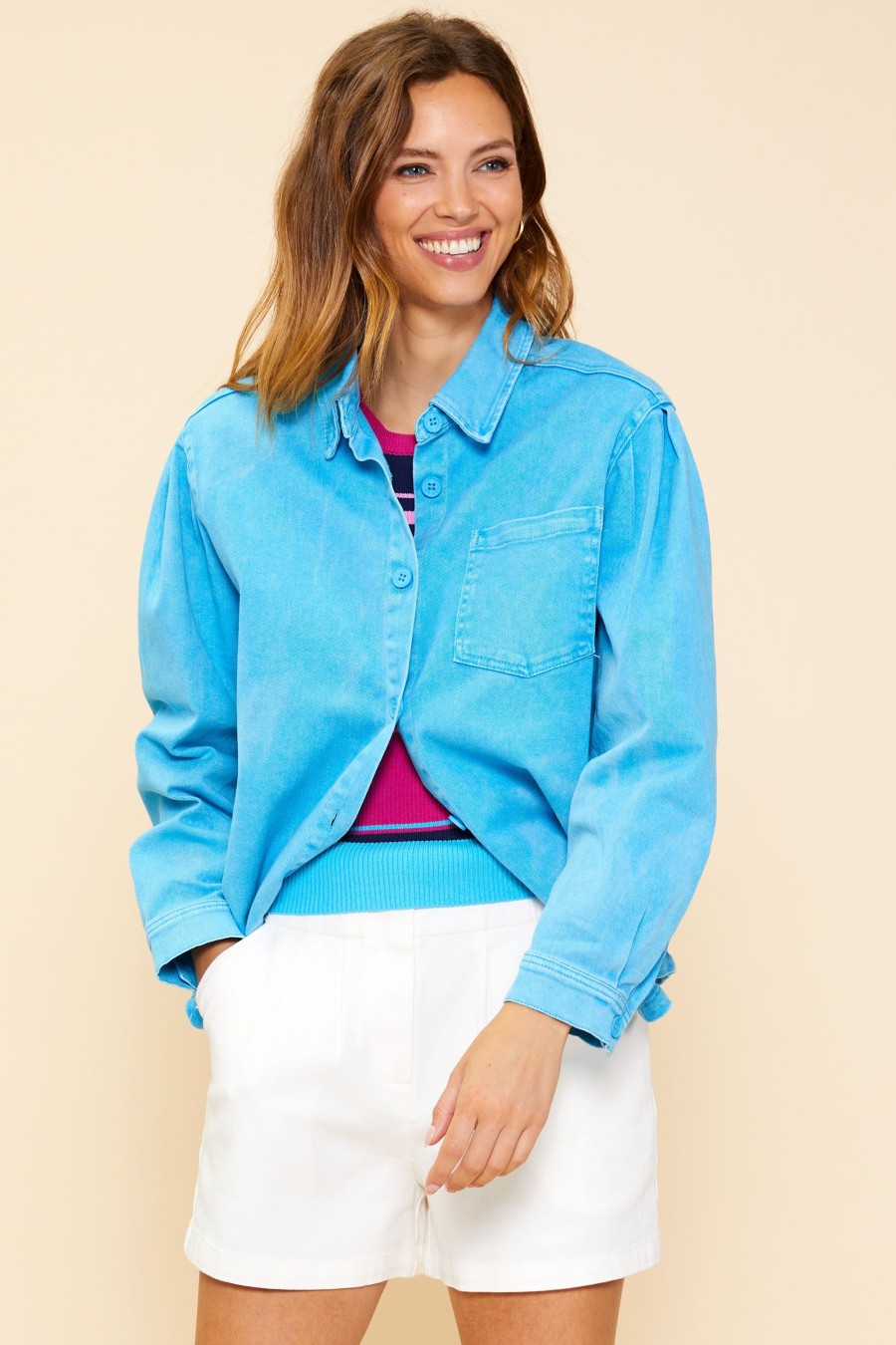 Women Skyes Are Blue Long Sleeve Tops | Washed Cotton Twill Shacket