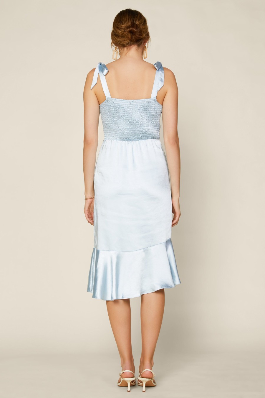 Women Skyes Are Blue Midi Dresses | Satin Shoulder Tie Midi Dress