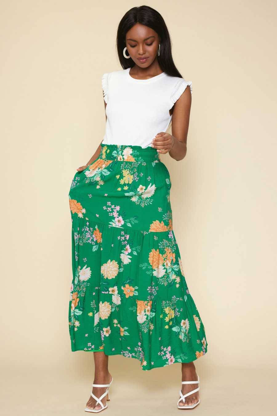 Women Skyes Are Blue Skirts | Fleur Print Tiered Maxi Skirt