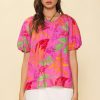 Women Skyes Are Blue Short Sleeve Tops | Tropical Print Bubble Sleeve Top