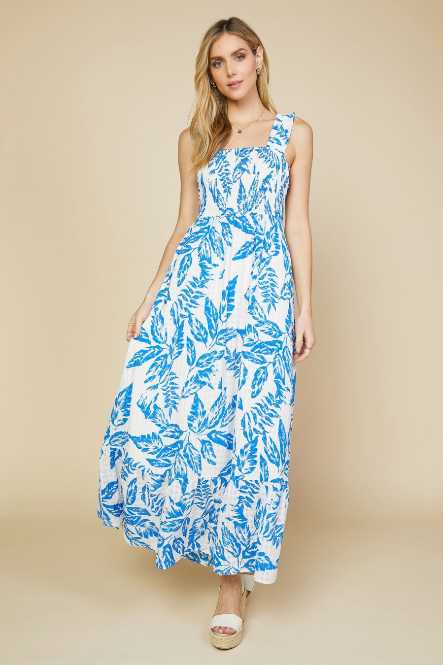 Women Skyes Are Blue Maxi Dresses | Printed Leaf Maxi Dress