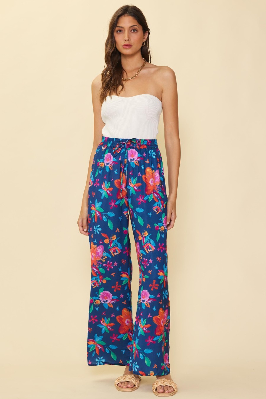 Women Skyes Are Blue Bottoms | Aquatic Floral Elastic Waist Pants