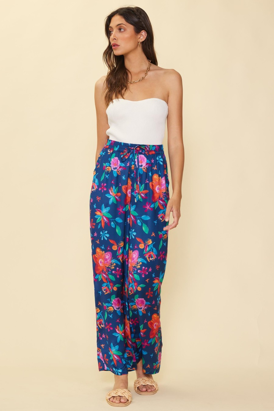 Women Skyes Are Blue Bottoms | Aquatic Floral Elastic Waist Pants