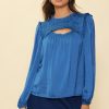 Women Skyes Are Blue Long Sleeve Tops | Cutout Yoke Blouse