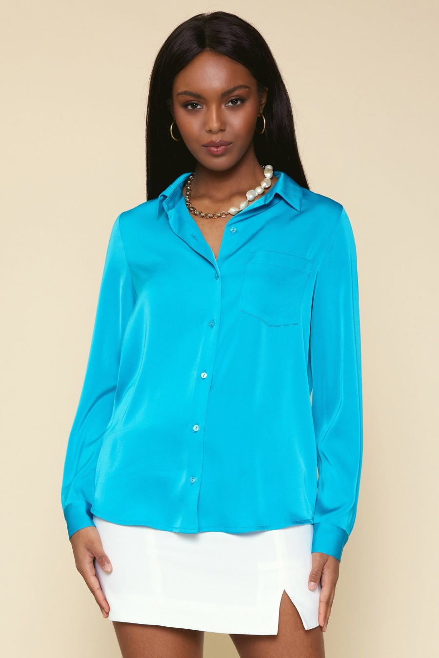 Women Skyes Are Blue Long Sleeve Tops | Satin Button Down Shirt