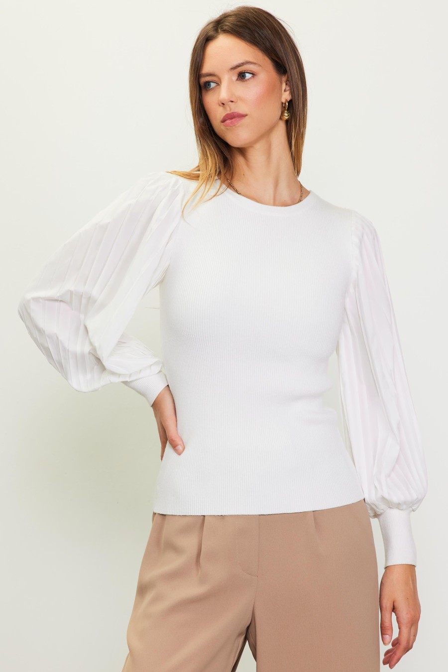 Women Skyes Are Blue Long Sleeve Tops | Mixed Media Pleated Sleeve Top