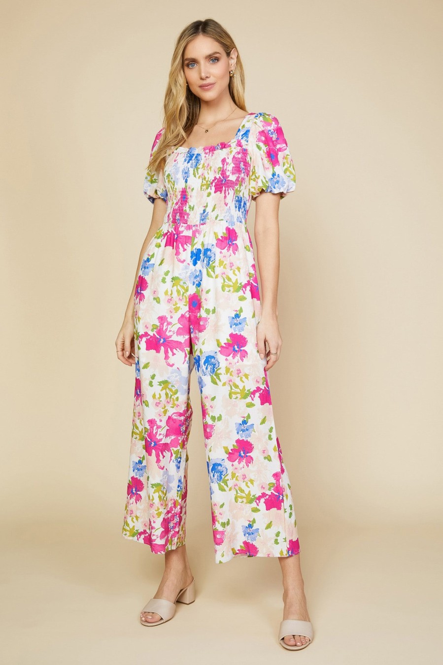 Women Skyes Are Blue Jumpsuits | Floral Smocked Bodice Jumpsuit