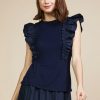 Women Skyes Are Blue Sleeveless Tops | Mixed Media Ruffled Knit Top